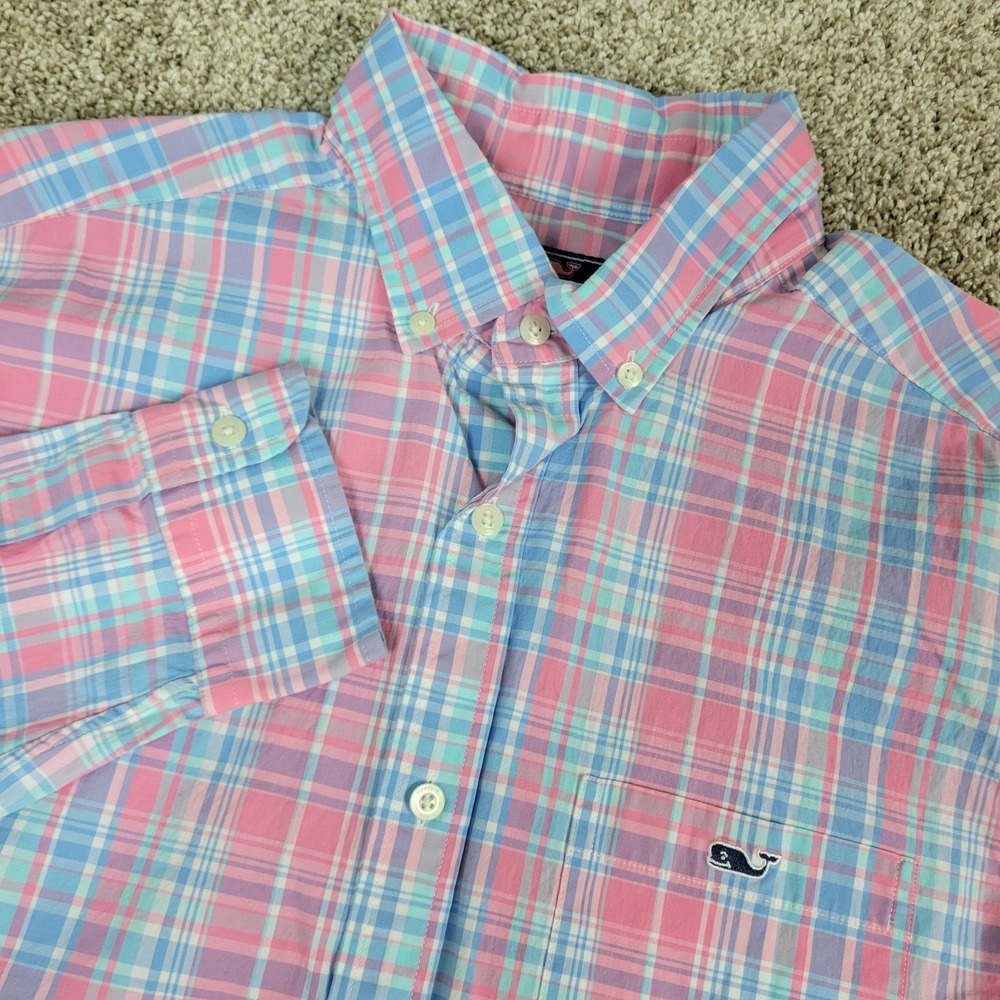 Vineyard‎ Vines Classic Fit Tucker Mens Medium Blue Pink Plaid Button Down LS